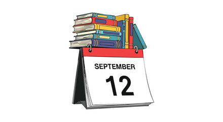 Illustrated calendar marking September 12 with a stack of colorful books on top representing important dates or events in literature and learning