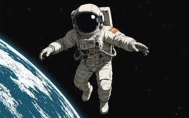 Vector illustration of an astronaut floating in orbit above Earth. Hand-drawn graphic artwork showing the planets curve and outer space environment