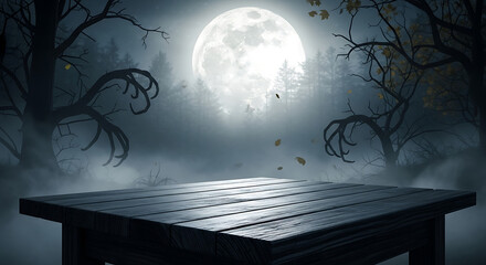 wooden table with a misty forest and full moon background for product display, a halloween night concept.