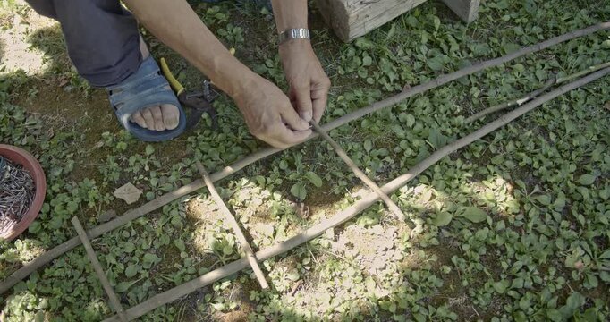 Experienced hands meticulously craft a rustic garden trellis from natural branches, weaving and tying them together.