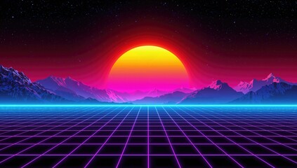 Sunset over neon mountains in a retro-futuristic digital landscape with synthwave vibes and glowing grids.