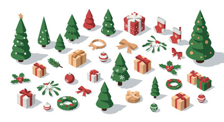 Festive christmas icon set with trees, gifts, and decorations in isometric style