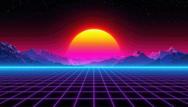 Sunset over neon mountains in a retro-futuristic digital landscape with synthwave vibes and glowing grids.