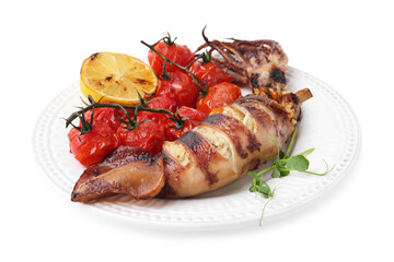 Tasty stuffed squid, microgreens, lemon and tomatoes isolated on white