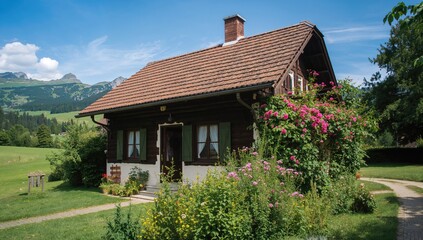 Charming mountain cabin with floral window decor