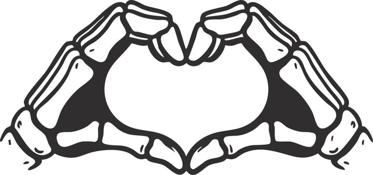 two skeleton hands forming a heart shape with fingers

