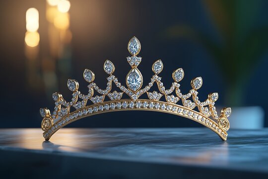 Illustration of elegant gold tiara with sparkling diamonds resting on a table, a symbol of royalty and sophistication