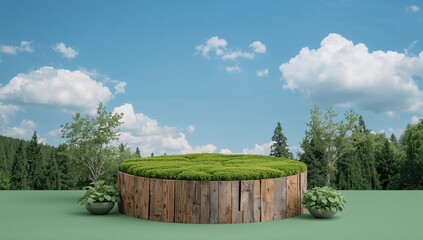 Natural podium covered in moss set against a backdrop of clear sky and clouds. Vertical image for showcasing products.