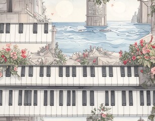 Piano keys with a seascape
