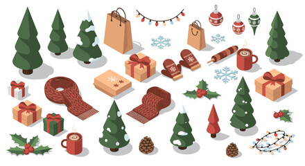 Festive isometric winter elements with gifts, trees, and cozy accessories