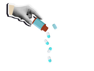 Black and white hand spill out of the jar pills. Modern collage style. Illustration on a transparent background