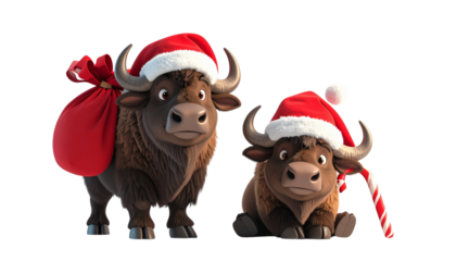 Two cartoon buffalo in Santa outfit bundle isolated on transparent background