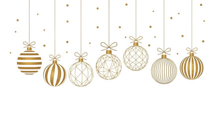Elegant Golden Christmas Ornaments Hanging on White Background