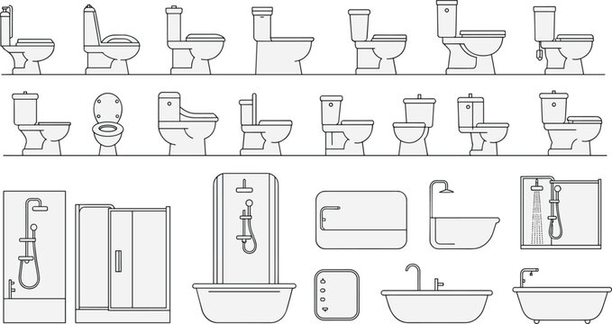 Bathroom fixtures technical line drawing, toilet shower bathtub sink plumbing design vector, sanitary ware illustration for architecture plan, cad drawing flat vector