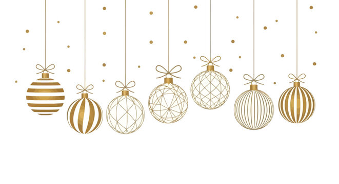 Elegant Golden Christmas Ornaments Hanging on White Background