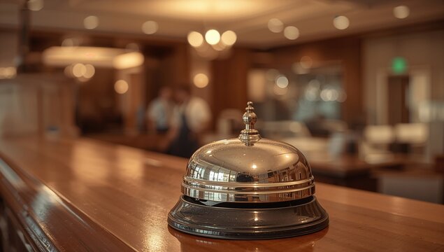 Retro service bell with blurred background for hospitality and travel themes