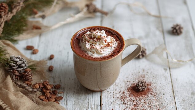 Close-up of a festive mug filled with cocoa topped with whipped cream and sprinkled cocoa powder on a white wooden surface