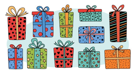 Colorful Variety of Gift Boxes with Ornate Bows and Patterns for Celebrations and Special Occasions