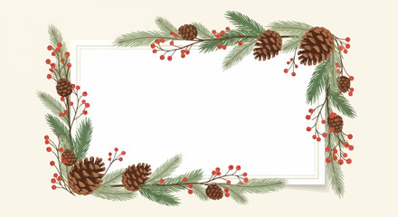 Festive Frame with Pinecones, Greenery, and Red Berries for Holiday Celebrations