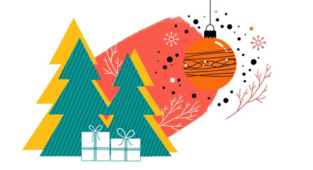 Festive Christmas Tree and Ornament Illustration with Gift Boxes