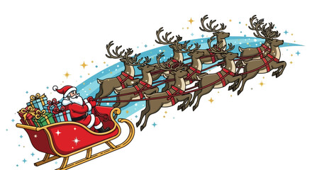 Santa Claus Sleigh Ride with Reindeer and Gifts in Vector Illustration