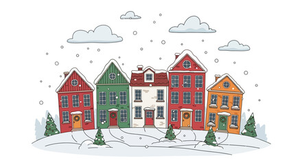 Winter Village Scene Colorful Houses in Snowy Landscape Illustration