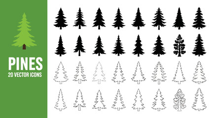 Collection of Pine Tree Vector Icons for Nature and Design Projects