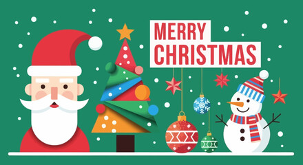 Festive Christmas Scene with Santa, Tree, and Snowman Illustration