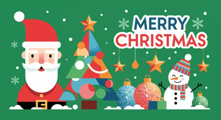 Festive Holiday Scene with Santa, Snowman, and Christmas Tree Illustration