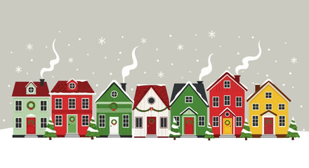 Festive Row of Colorful Christmas Houses in Winter Snowscape Illustration