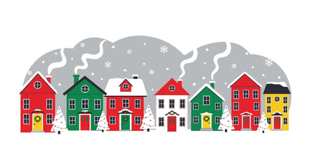 Festive Winter Village Illustration with Colorful Houses and Snowfall