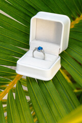 Exquisite blue sapphire and diamond engagement ring nestled in a white box on a vibrant green palm leaf, suggesting a romantic tropical proposal