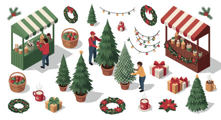 Festive market scene with christmas trees, decorations, and hot cocoa stalls in isometric style