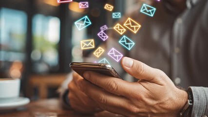 A person interacts with their smartphone in a modern cafe. Colorful email icons float above the device, showcasing engagement with social media. The warm interior enhances the experience. - Powered by Adobe