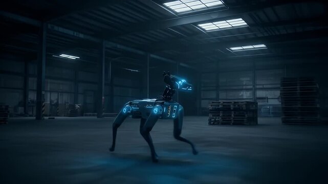 Neon-edged robotic quadruped walks in a large, dimly lit industrial warehouse interior