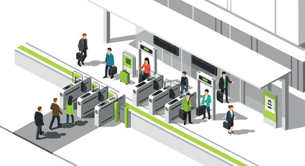 Isometric train station entrance with people commuting and luggage