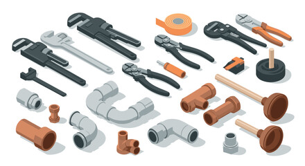 Isometric plumbing tools set with wrenches, pipes, and plungers for construction projects