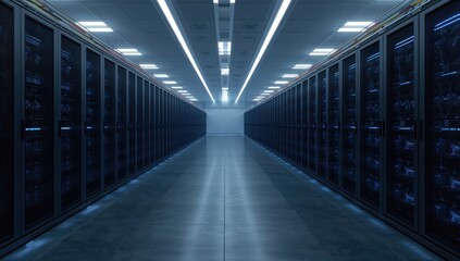 Interior view of a large data facility housing numerous server racks and high-performance computers