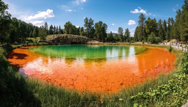 Small lake with water in an uncommon shade of orange, Pueblos roj