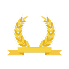 Wheat wreath with ribbon banner. Flat vector illustration. Farm, harvest, agriculture, food branding, packaging, quality mark, emblem, symbol with place for text. © Olga