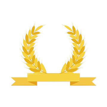 Wheat wreath with ribbon banner. Flat vector illustration. Farm, harvest, agriculture, food branding, packaging, quality mark, emblem, symbol with place for text.