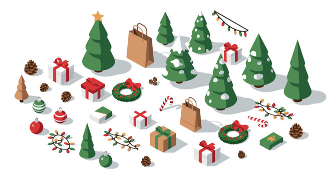 Festive christmas elements in isometric 3d style with trees, gifts, and decorations