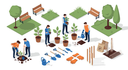 Fototapeta premium Community gardening scene with planting tools and young trees in isometric style
