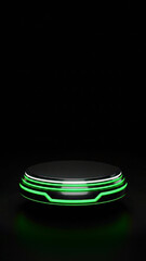 Futuristic, glowing green and black cylindrical product display stage with neon light accents