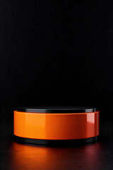Low-angle shot of a striking black and orange glossy product podium on a dark, textured surface