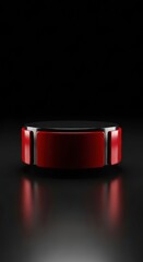 Sleek, black and red cylindrical product podium with a high-gloss finish on a dark background