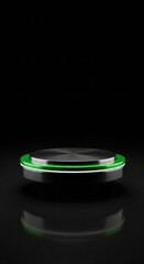 Sleek black metallic product podium with a vibrant green neon light ring in a dark studio setting
