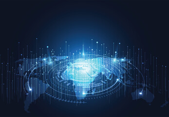 Futuristic Global Network, Digital World Map with Data Flow and Technology Communication Background