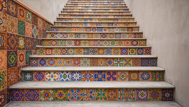 Colorful ceramic tile staircase showcasing vibrant polychrome designs