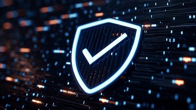 A glowing shield logo is surrounded by strings of binary code, illustrating themes of digital security and data protection. The scene conveys a sense of safety in a virtual environment.